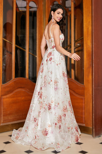 Ricamato Ivory Flower Abito lungo corsetto Ballo con fessura